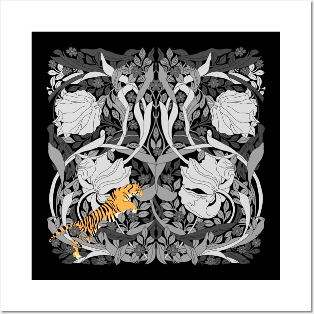 William Morris floral pattern with Tiger Achromatic Wall Art by Magcelium